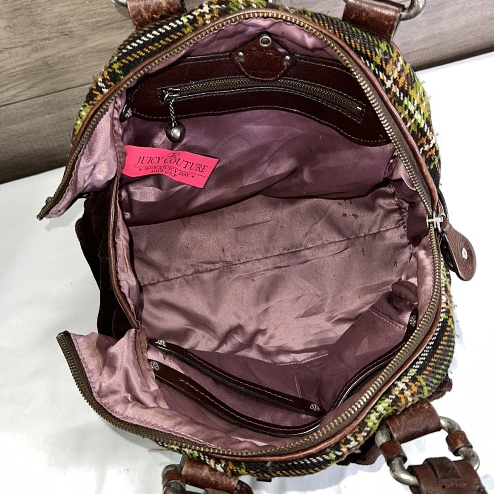 Juicy Couture Green and Brown Plaid Bowler Bag with Flower - Picture 9 of 9
